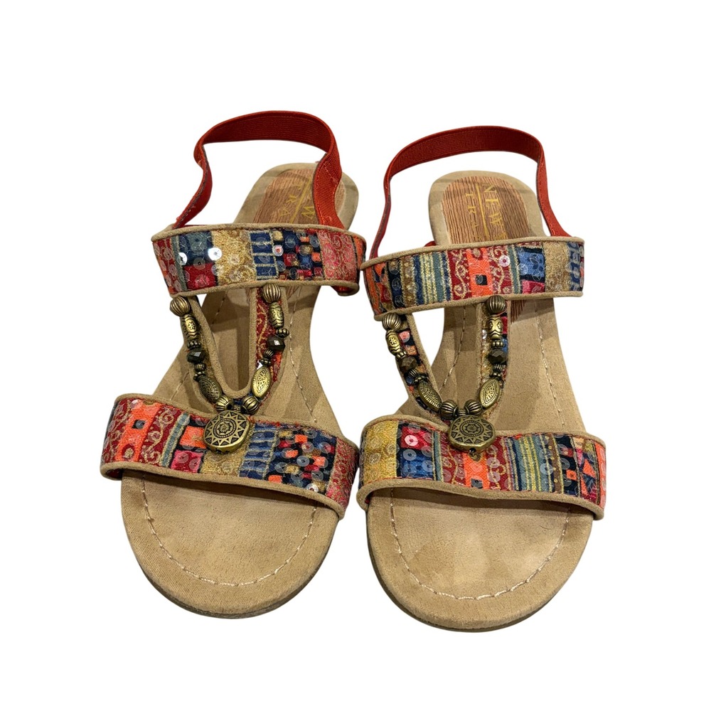 New York Transit Womens Boho Patchwork Wedge Sandals Multi Color Sequin 7.5M